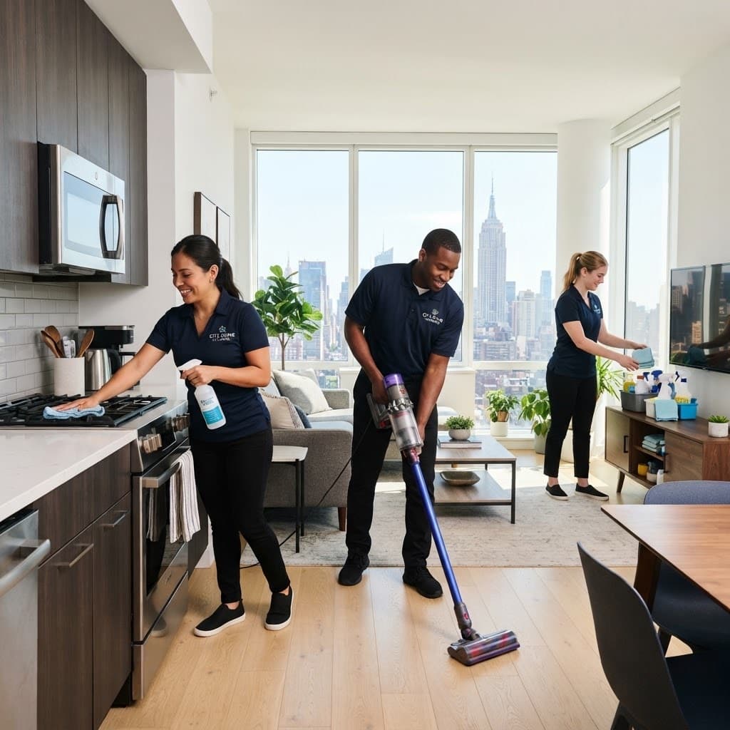 The Gantry Prime Shine team cleaning a bright modern NYC apartment together