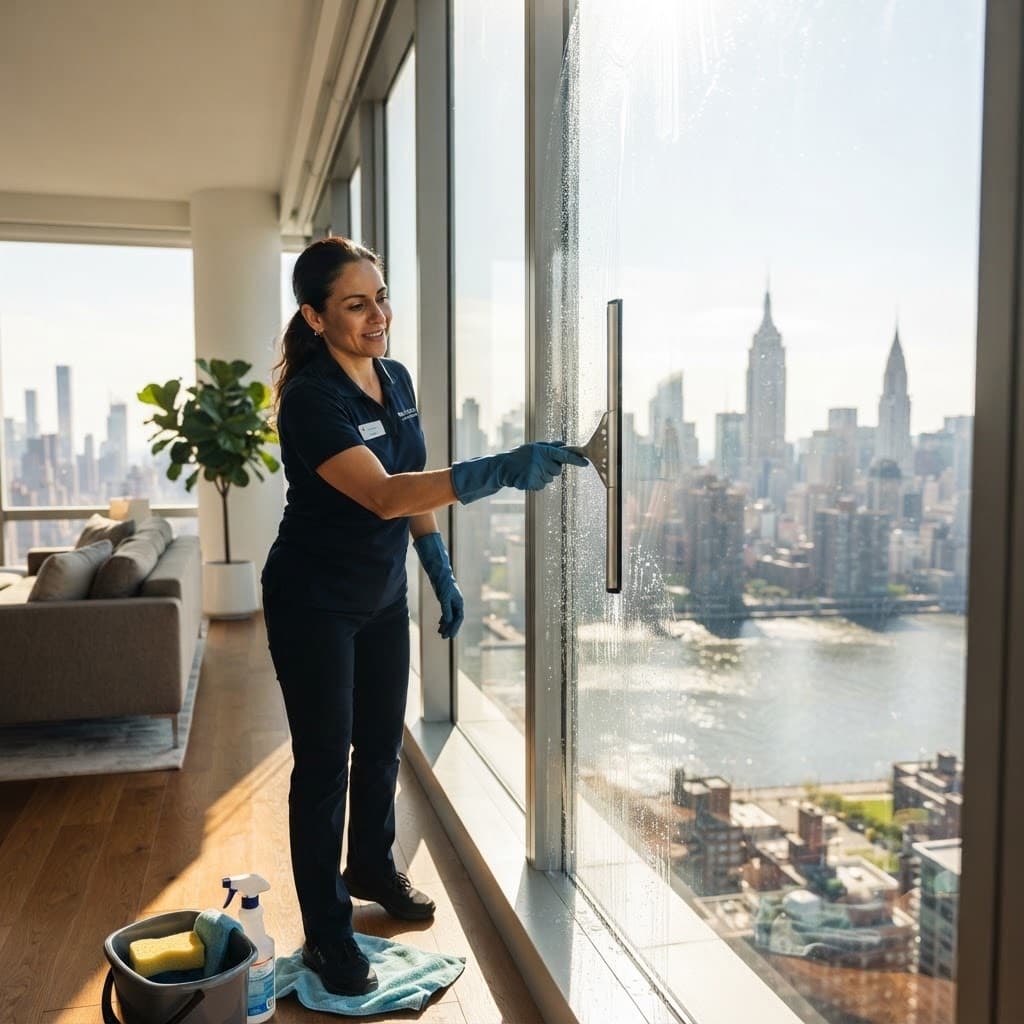 Gantry Prime Shine cleaner detailing a floor-to-ceiling window with the Manhattan skyline behind it