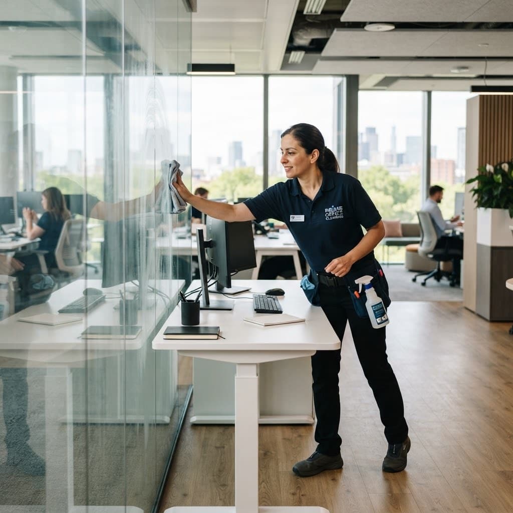 Clean modern open-plan office with spotless desks and floors