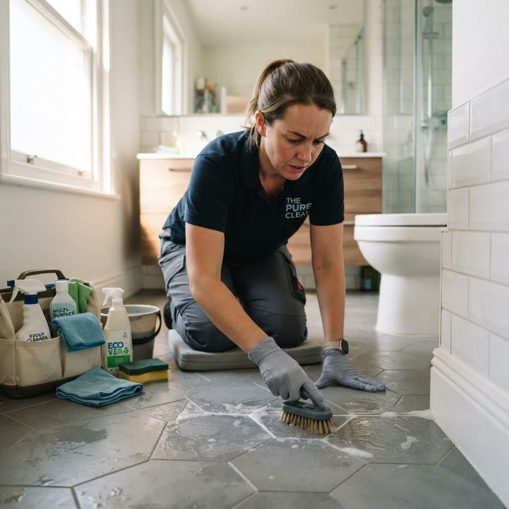 Professional cleaner deep cleaning a sparkling modern kitchen